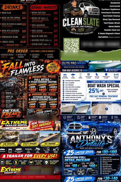 Seven real price lists: a drinks menu, hauling services, car detailing packages, boat washing, trailer rental